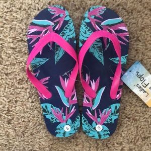 Pink Blue Green Floral Reefs flip flops